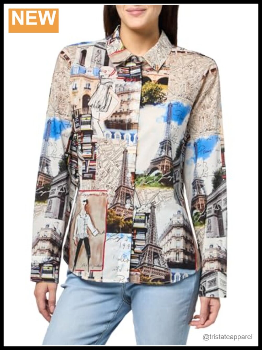 100% Cotton Long Sleeve Printed Blouse Button Down Collar